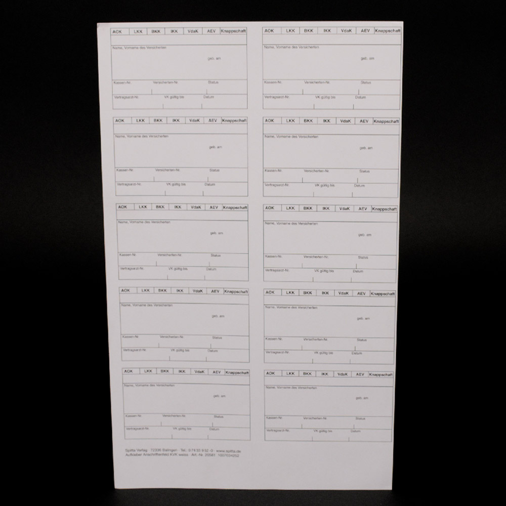 Anschriftenblatt gemäß KVK selbstklebend 90 x 52 mm weiß, 10 Stück